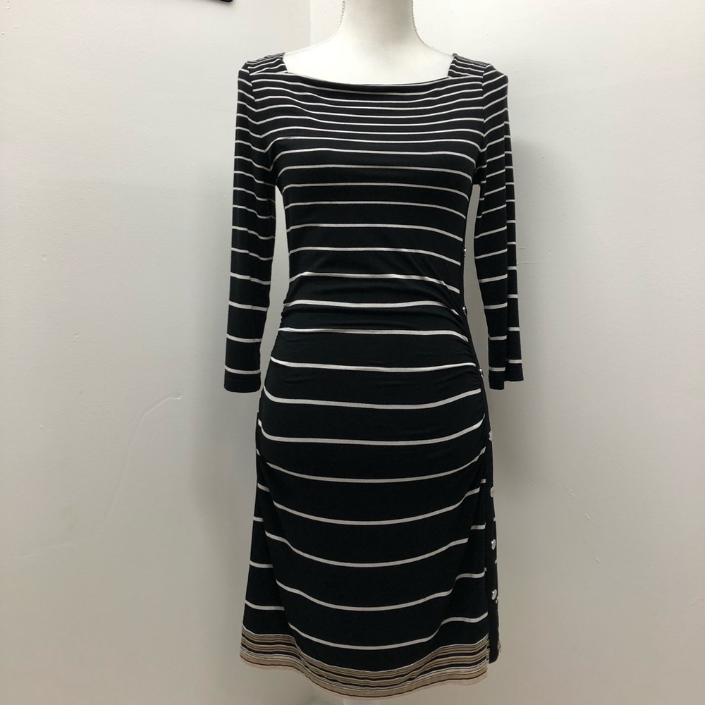 WHBM Black And White Striped Long Sleeve Form Fitting Dress Side Button Size S